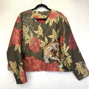 Indigo Moon Asian Style Tiger Jacket Womens 2X‎ Floral Beaded Brocade Brown Pink